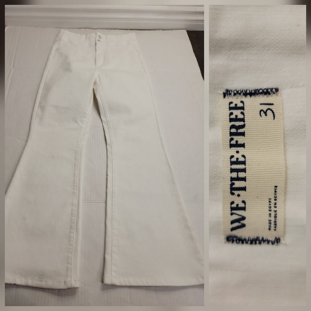 We The Free People Jeans SZ 31 White Jayde Flare High Rise Bell Bottom 70' Inspo
